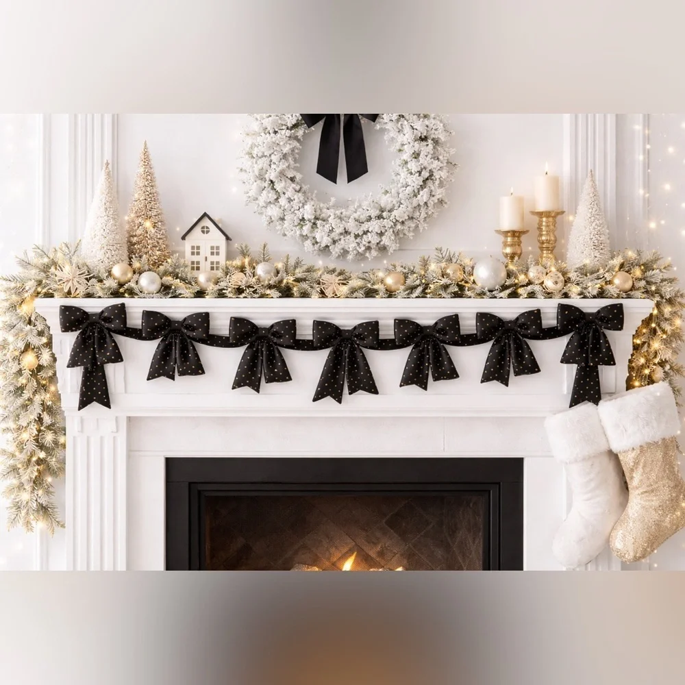 velvet polka dot bow garland 4 sets NWT NEW 6 ft each black gold Christmas